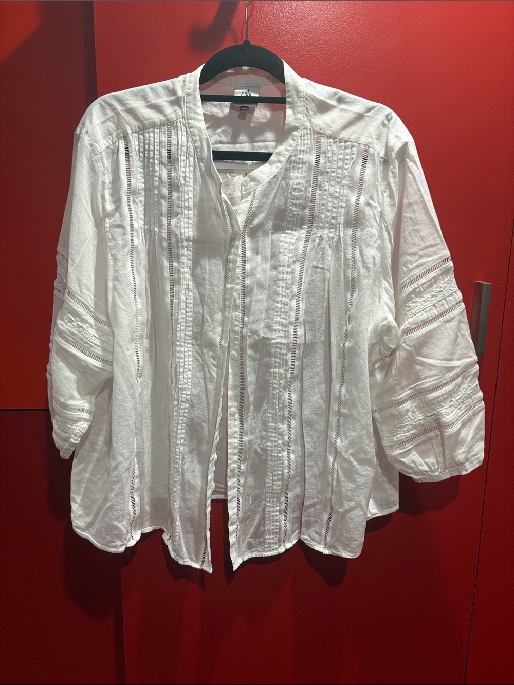 CAbi White Pintuck & Lace Open-Front Blouse